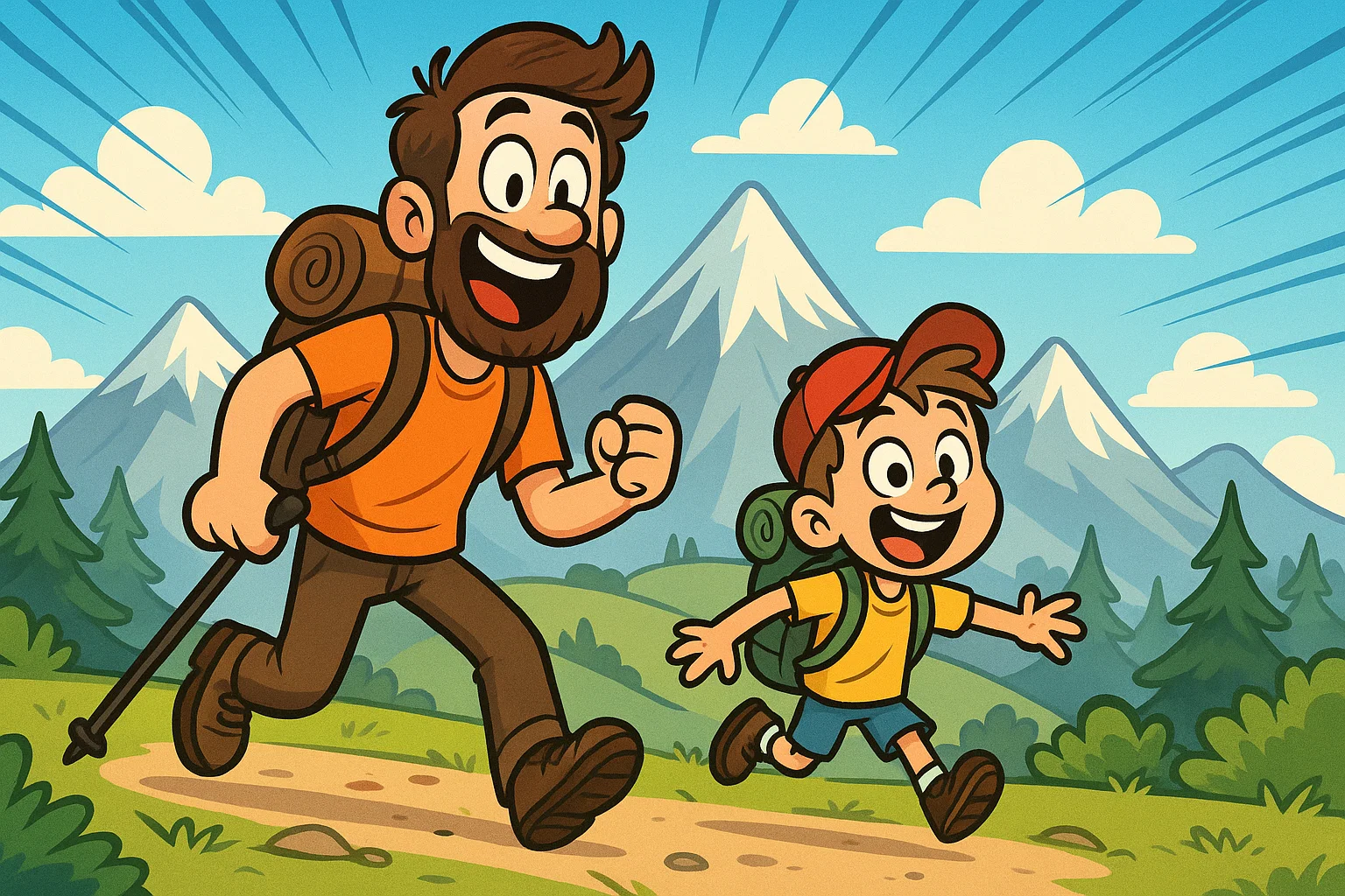 Cartoon father and son camping and hiking together in the mountains. Cartoon father and son camping and hiking together in the mountains.