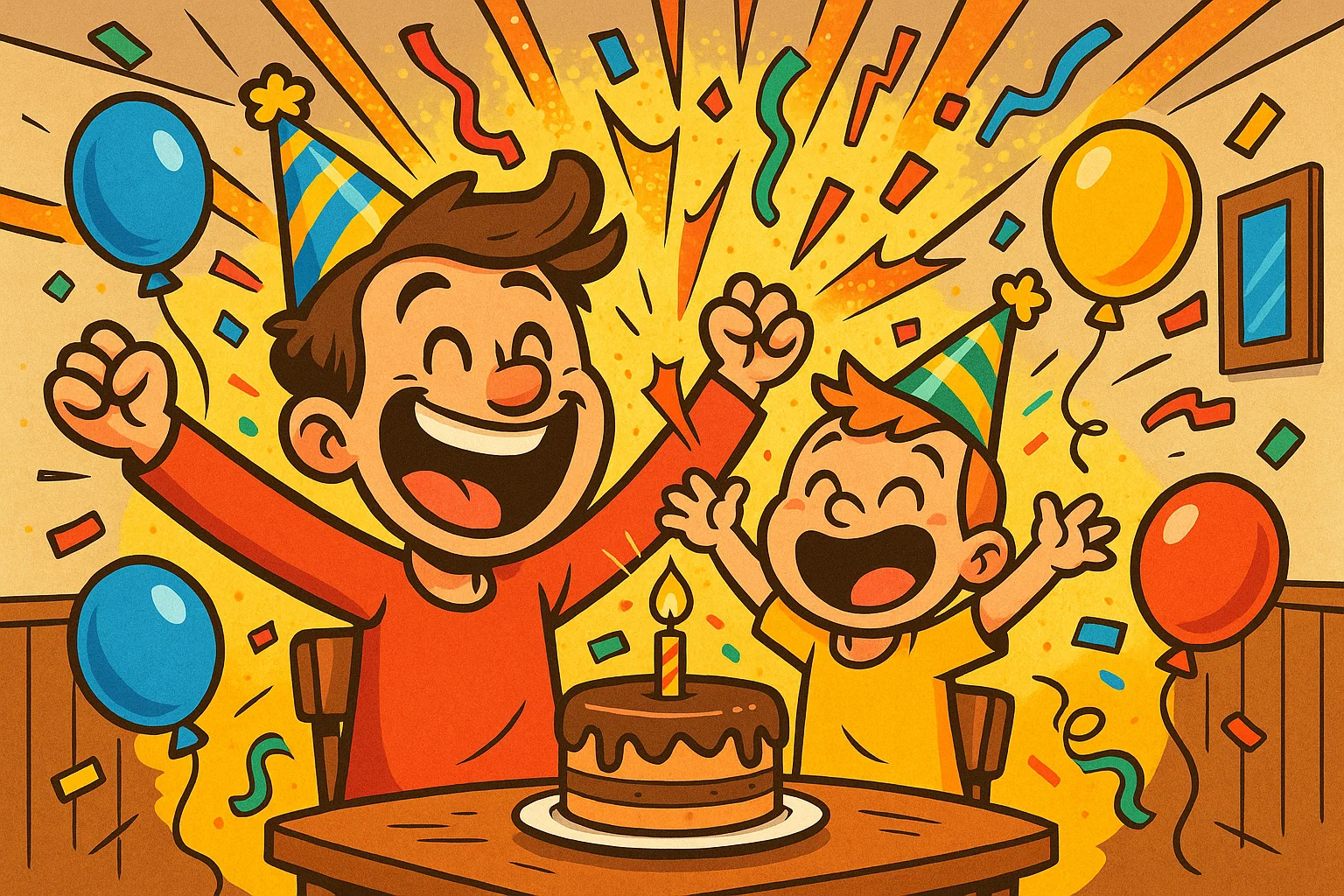 Cartoon father and son celebrating family traditions with joy. Cartoon father and son celebrating family traditions with joy.