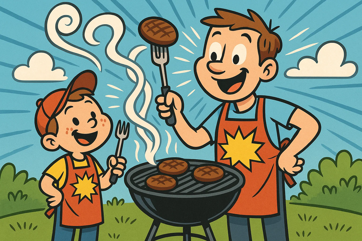 Cartoon father and son cooking and grilling food together. Cartoon father and son cooking and grilling food together.