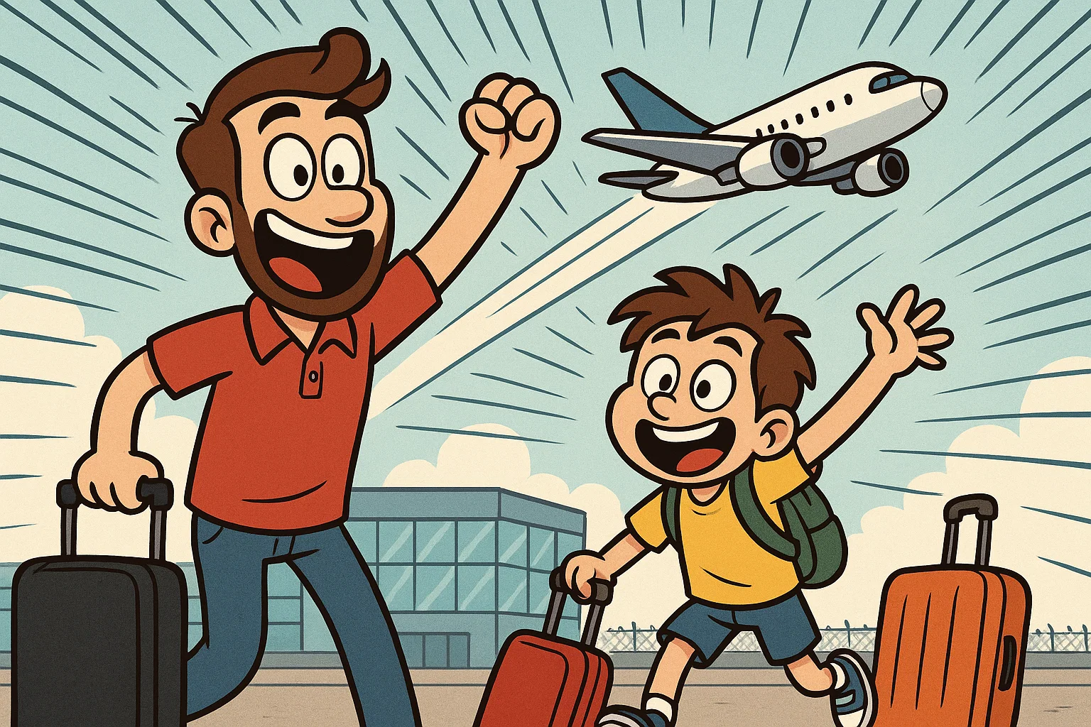 Cartoon father and son going on a milestone trip together. Cartoon father and son going on a milestone trip together.