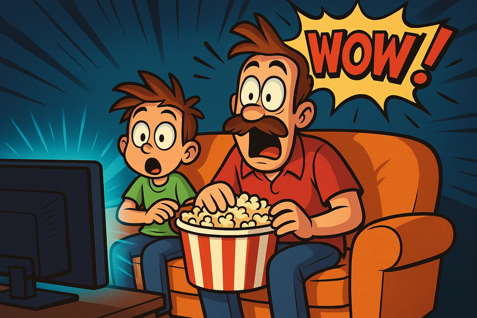 Cartoon father and son watching a movie together at home. Cartoon father and son watching a movie together at home.