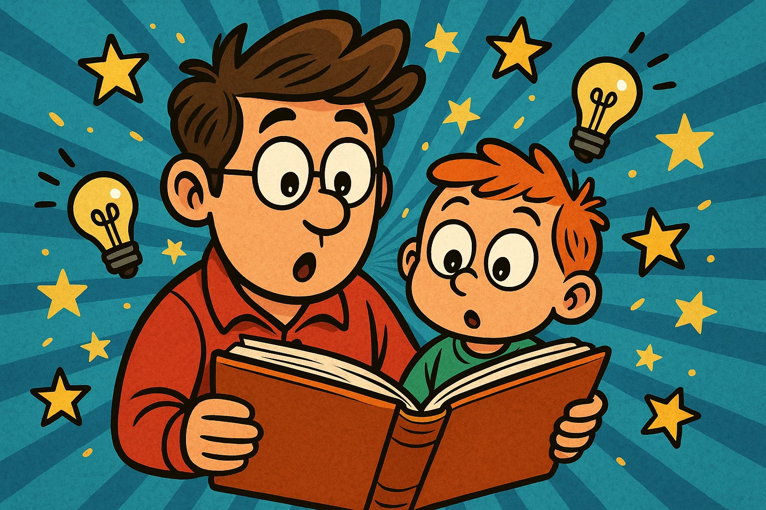 Cartoon father and son reading books together with joy. Cartoon father and son reading books together with joy.