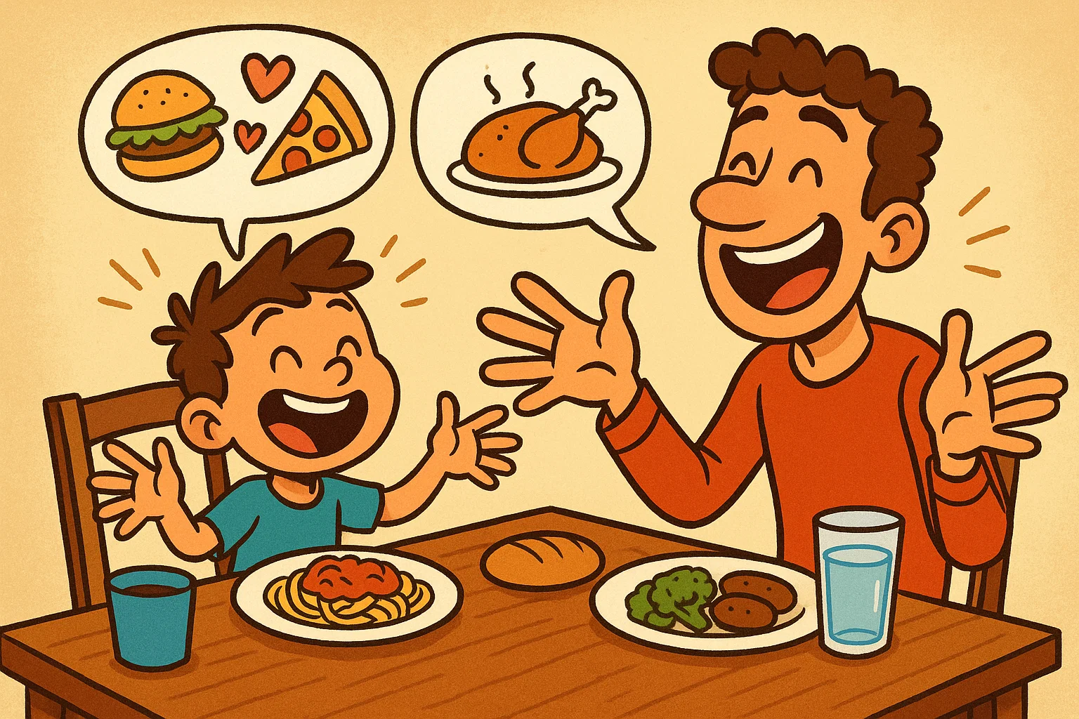 Cartoon father and son sharing meals and conversations together. Cartoon father and son sharing meals and conversations together.
