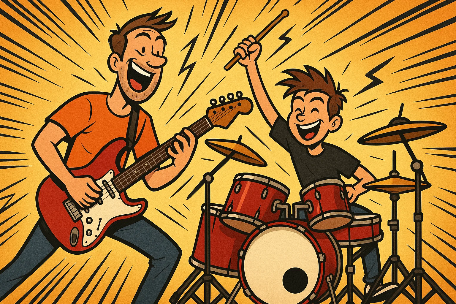 Cartoon father and teen bonding through music and fun activities. Cartoon father and teen bonding through music and fun activities.