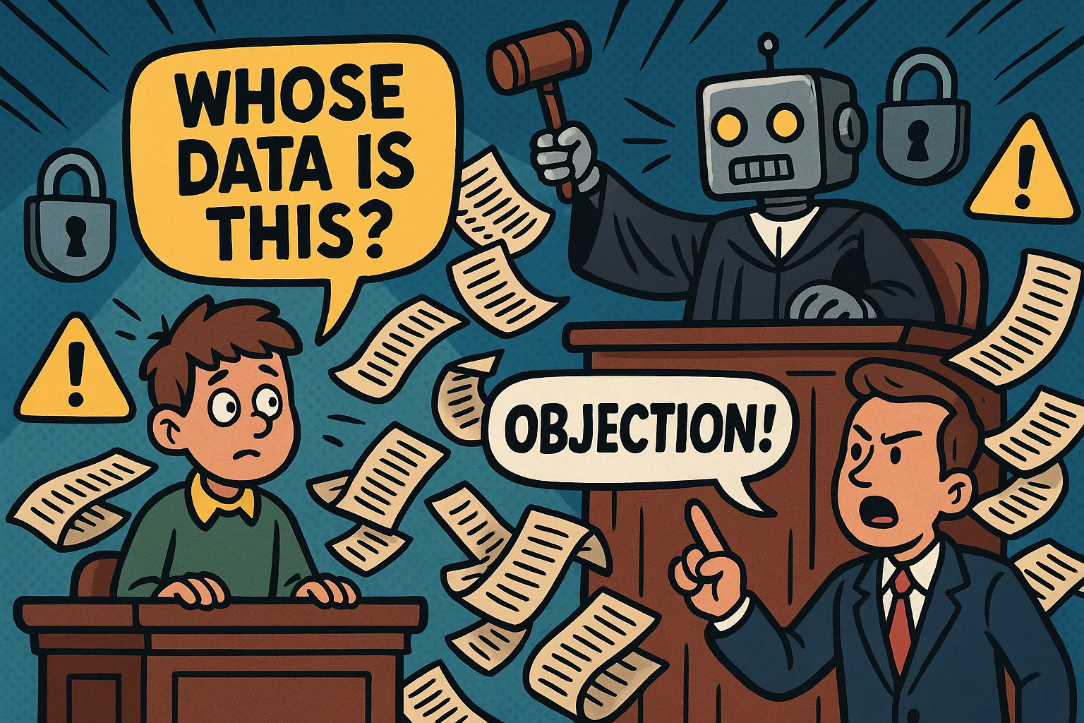  Privacy and regulation challenges of AI in schools shown in a cartoon courtroom with data chaos.
