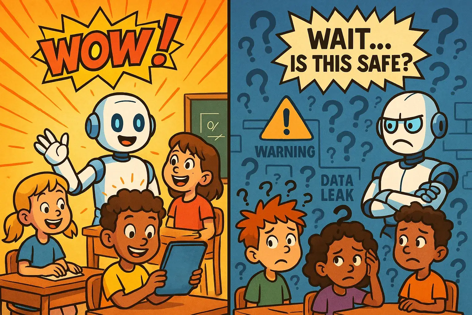 Pros and cons of AI in education shown in a split classroom with robots and concerned students Pros and cons of AI in education shown in a split classroom with robots and concerned students