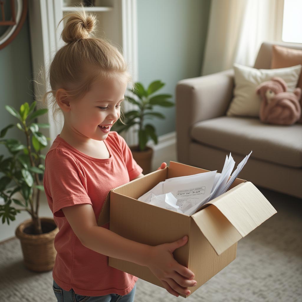 Child carrying a box of mail and papers into the house. 