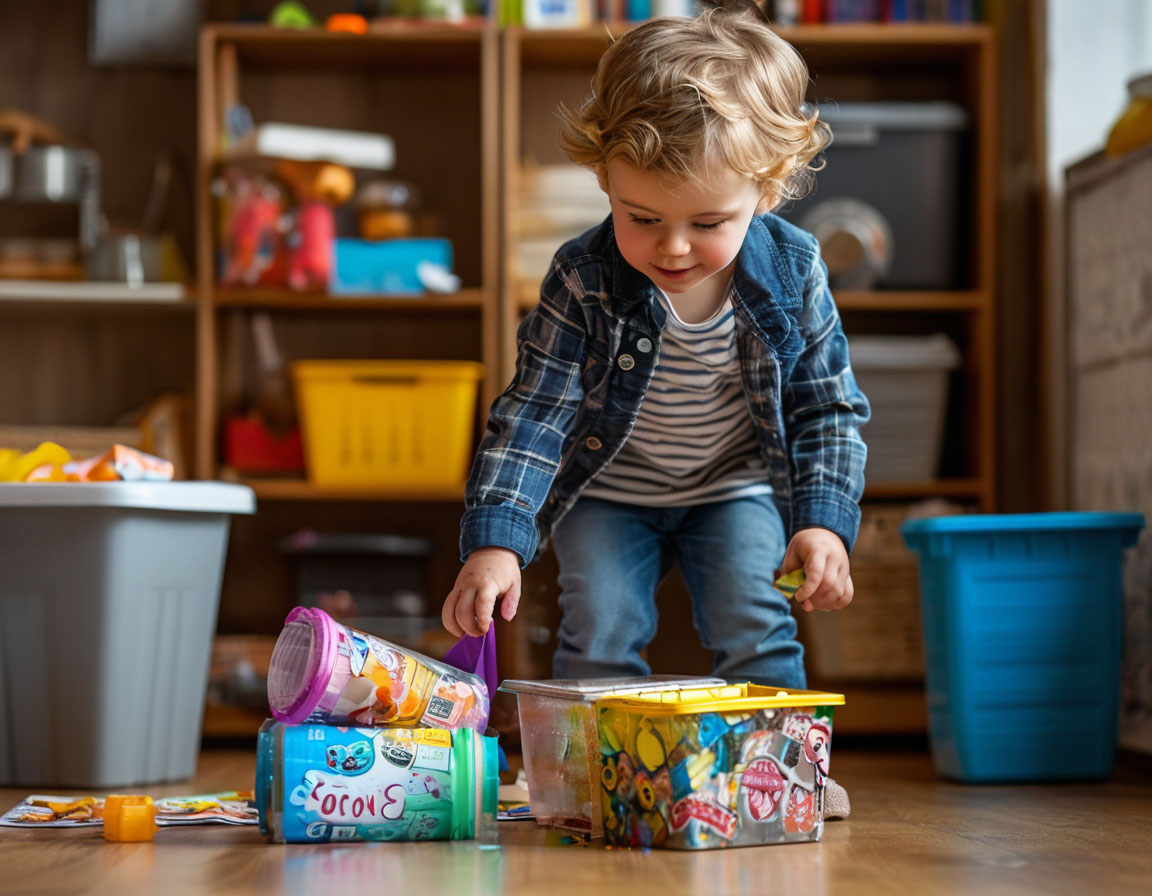 Young child taking out a small trash bin outside. 