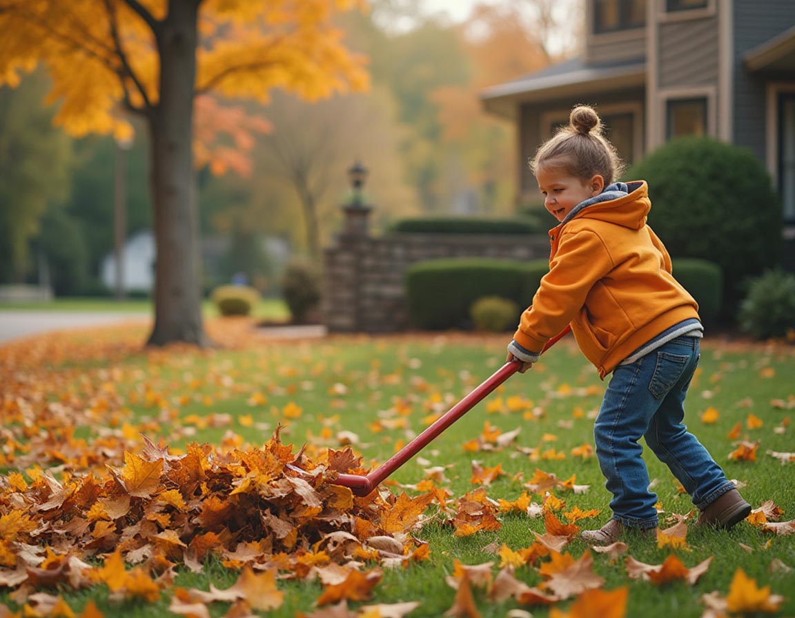 Child raking leaves in the yard on an autumn day.