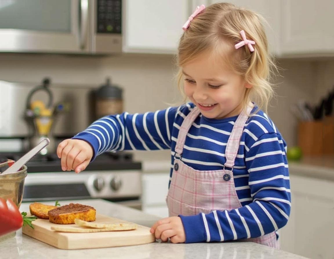 Smiling child assisting with simple kitchen meal preparation.