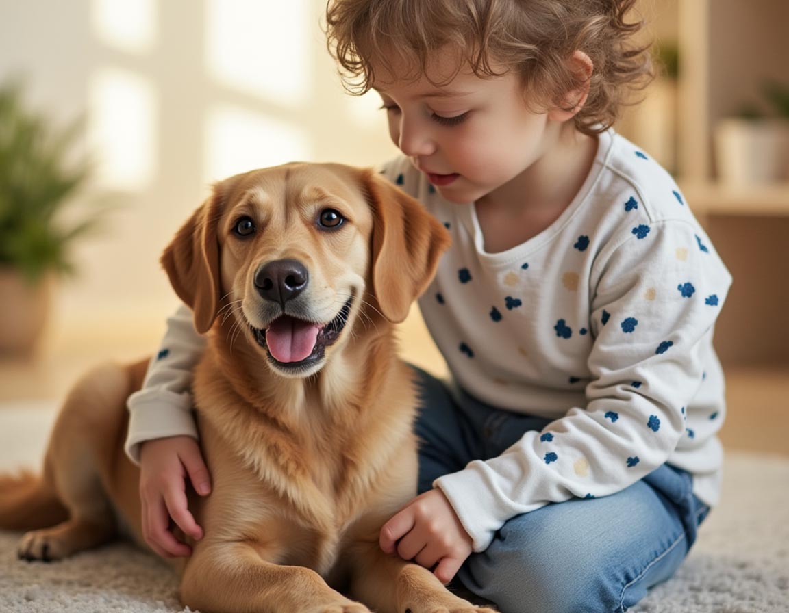 Child gently caring for a pet dog as part of daily chores.