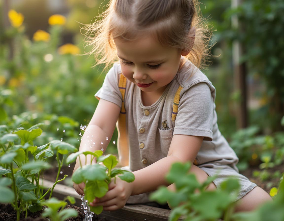 Young child watering plants and helping in the garden.