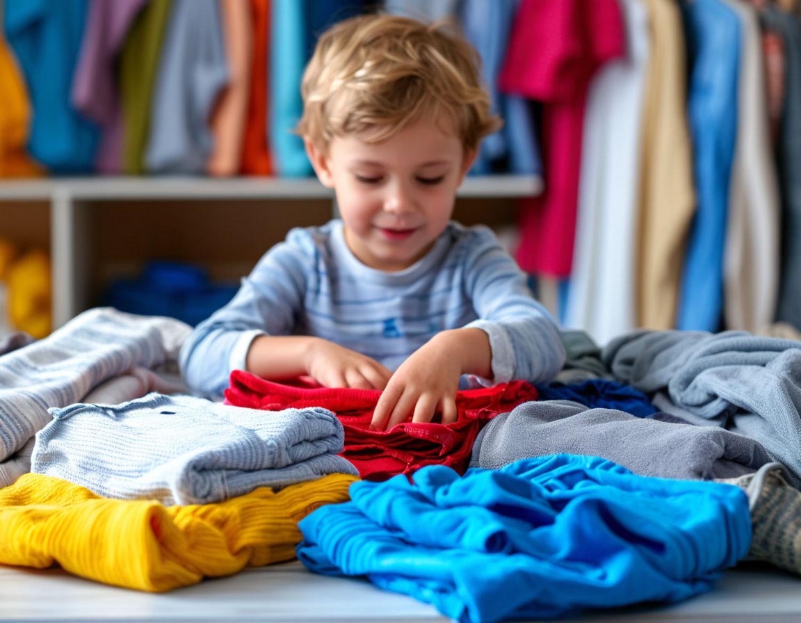 Smiling child folding and sorting colorful laundry. 