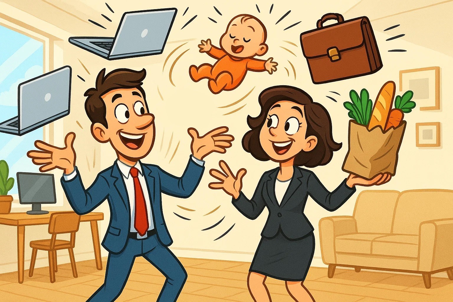 A playful cartoon of a man and a woman, both professionals, happily juggling a baby, laptops, and household items. A playful cartoon of a man and a woman, both professionals, happily juggling a baby, laptops, and household items.