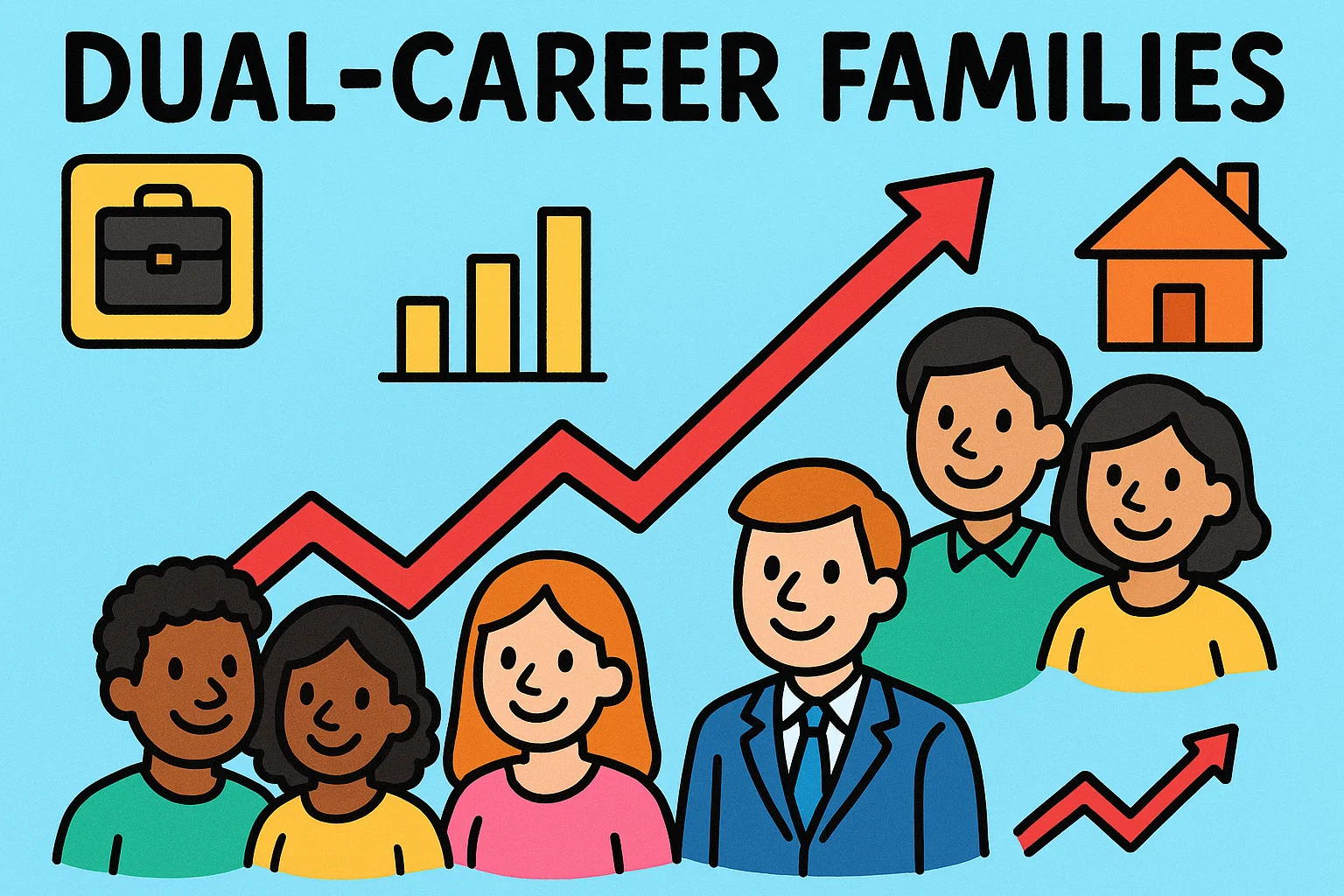 A playful cartoon infographic showing the rising trend of dual-career families with upward-pointing arrows and happy figures. A playful cartoon infographic showing the rising trend of dual-career families with upward-pointing arrows and happy figures.