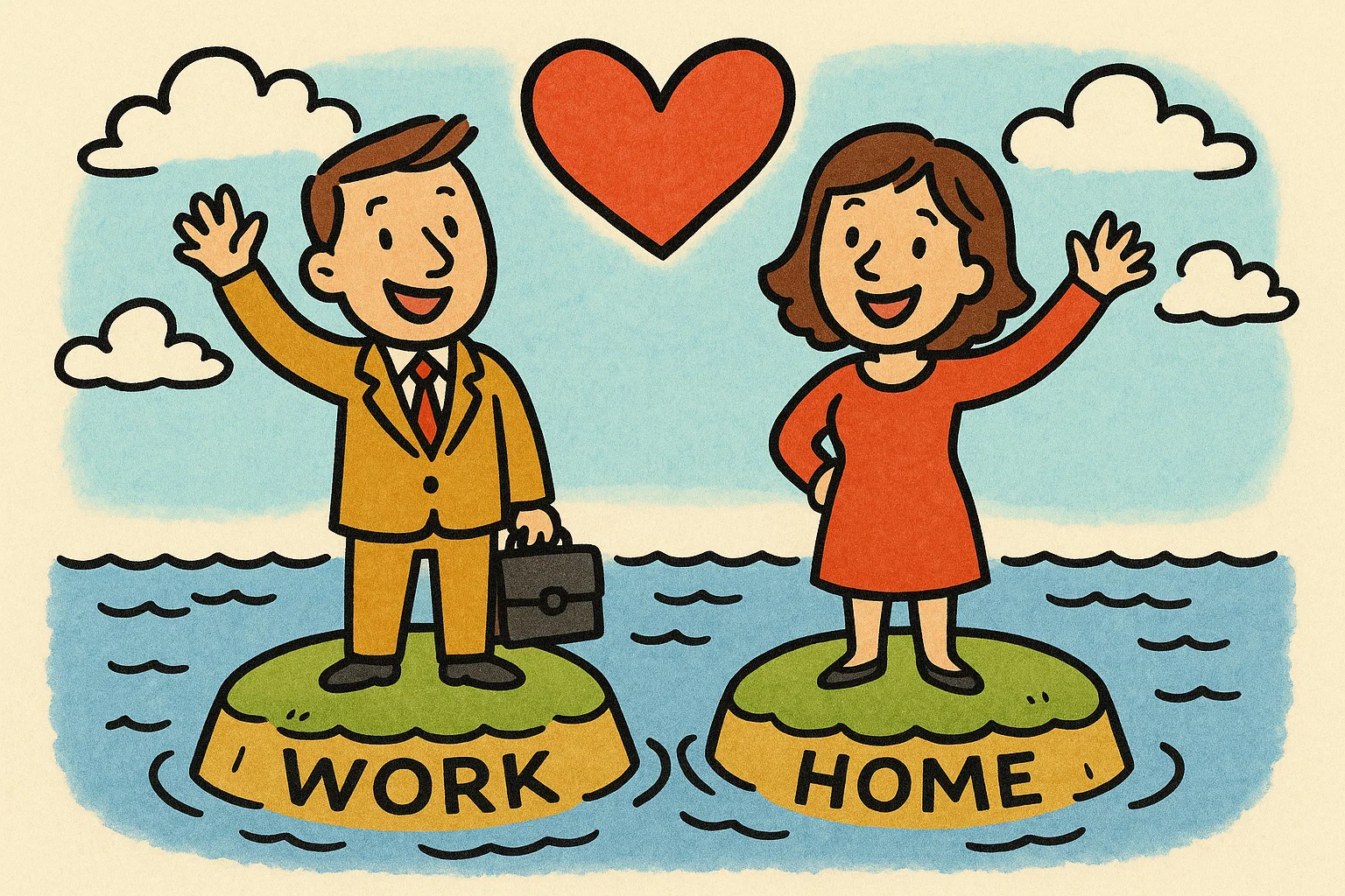 A cheerful cartoon couple building a bridge made of speech bubbles connecting their separate work and home islands. A cheerful cartoon couple building a bridge made of speech bubbles connecting their separate work and home islands.