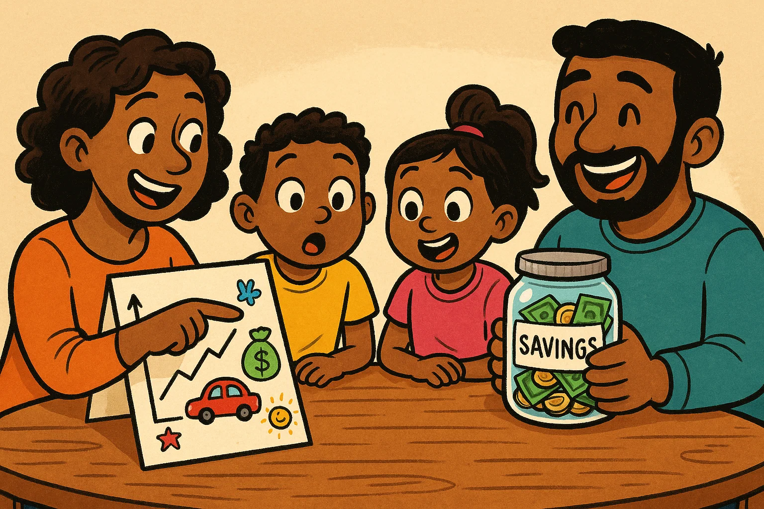 A cartoon family teaches children about money using a fun budget chart and a savings jar, highlighting teamwork and learning.
