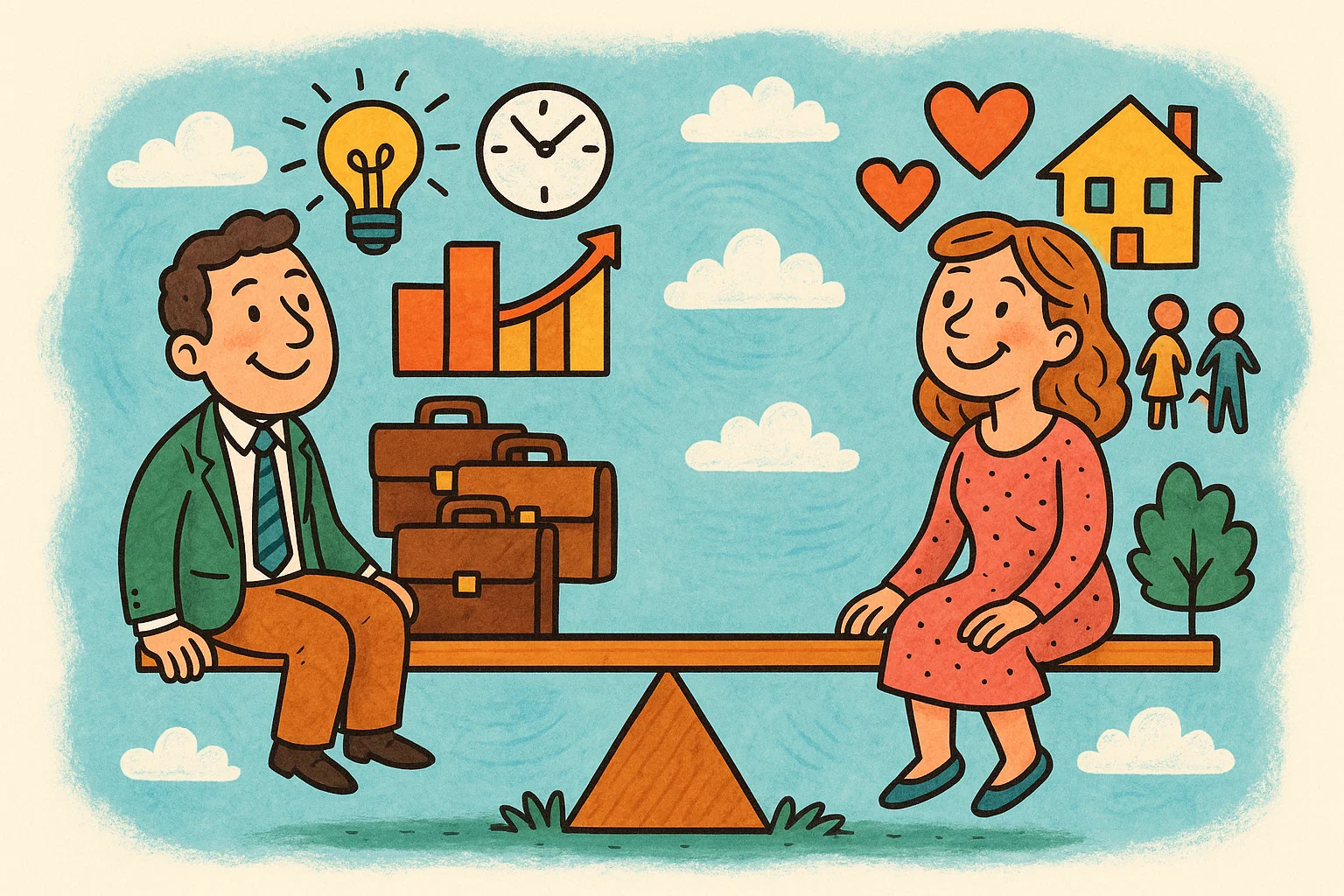 A whimsical cartoon of a couple on a seesaw perfectly balanced with work briefcases on one side and family icons on the other. A whimsical cartoon of a couple on a seesaw perfectly balanced with work briefcases on one side and family icons on the other.