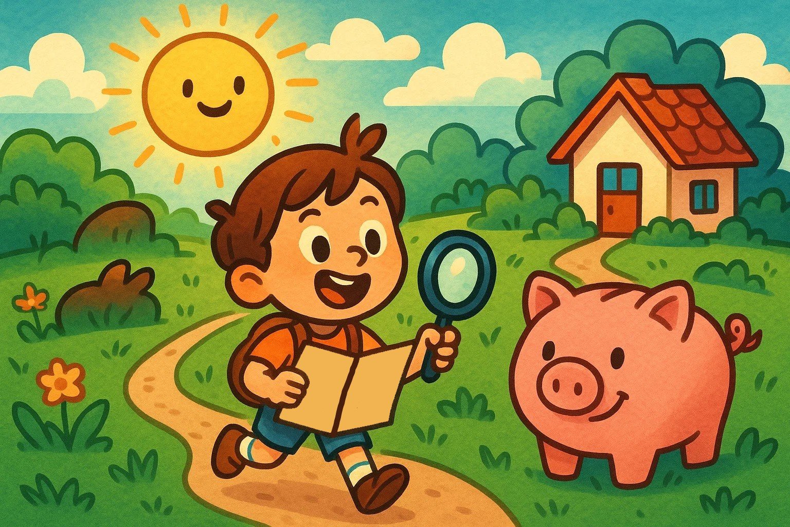 A cartoon child explores a whimsical landscape with oversized icons representing key financial concepts like saving and budgeting.