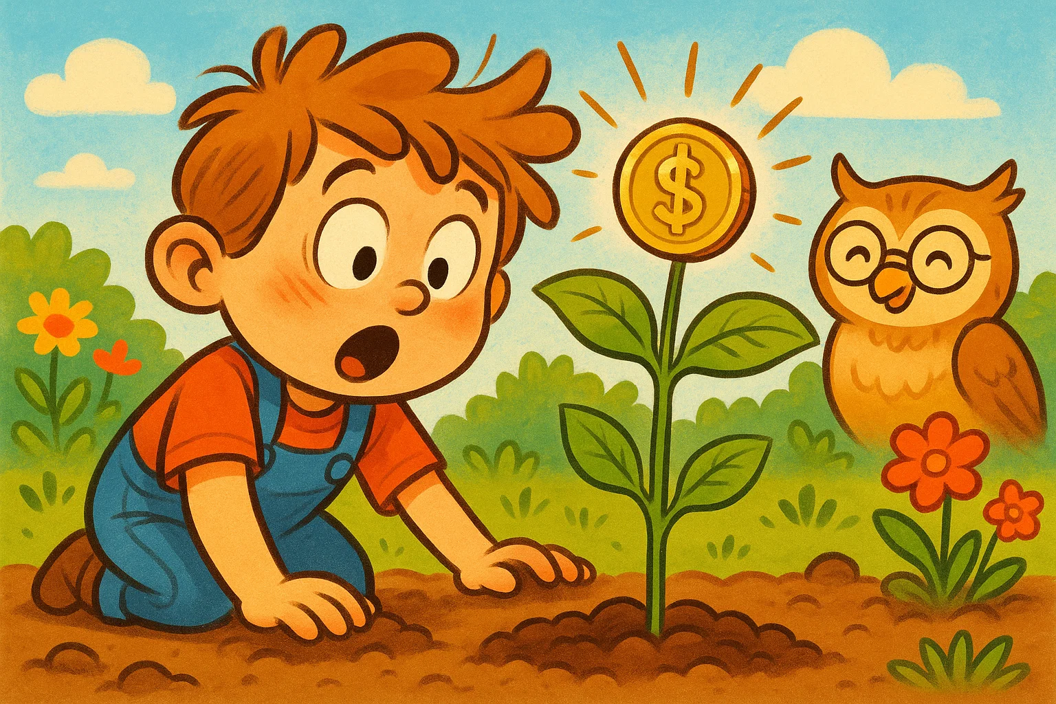 Cartoon illustration of a young child planting a seed that grows into a small money tree with a surprised, happy expression. Cartoon illustration of a young child planting a seed that grows into a small money tree with a surprised, happy expression.