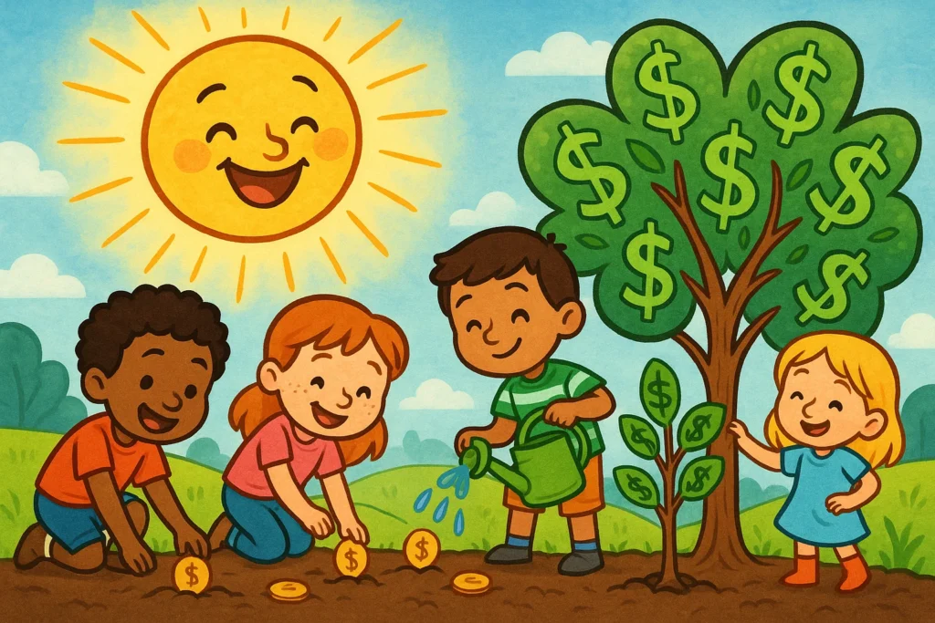 Cartoon of happy children planting coin seeds that grow into money trees, representing financial growth and a bright future.