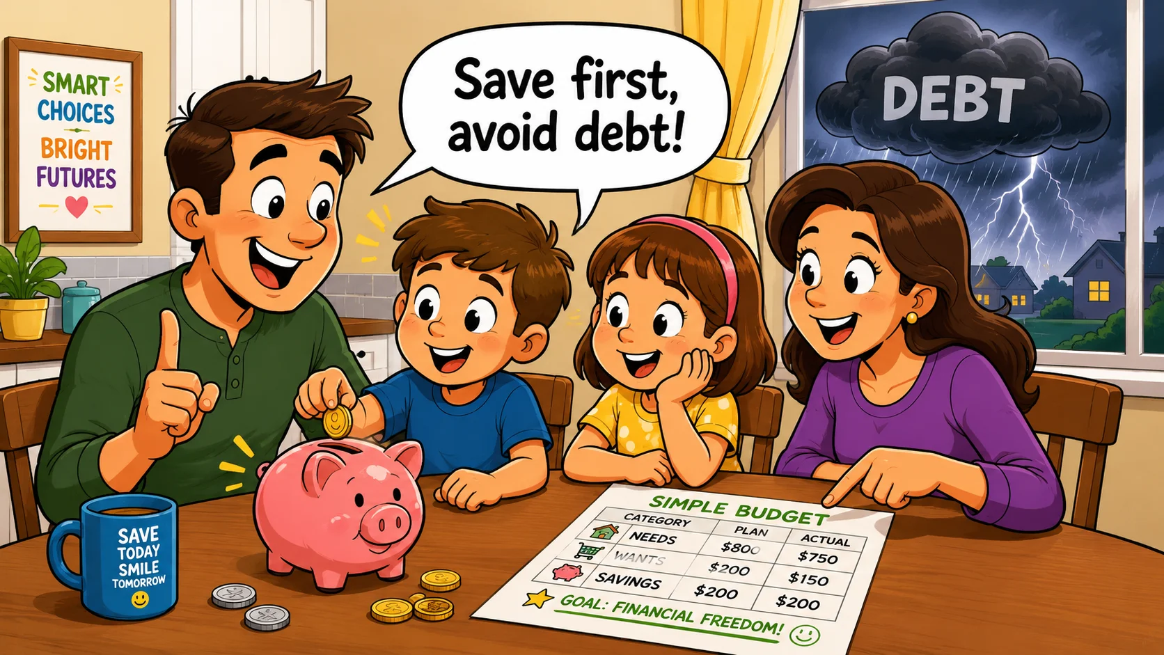 Family money lesson for kids about saving first and debt prevention.