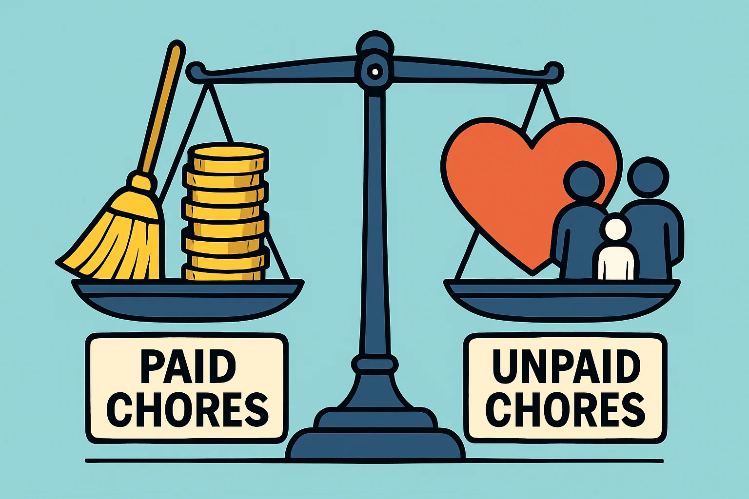 A comic-style cartoon of a balancing scale with "paid chores" and "unpaid chores" labels.