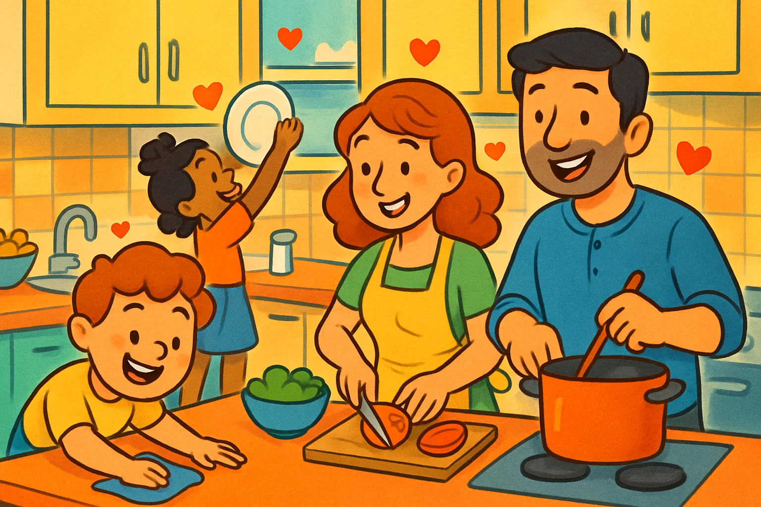 A whimsical cartoon of a family working together on chores, laughing and helping each other.
