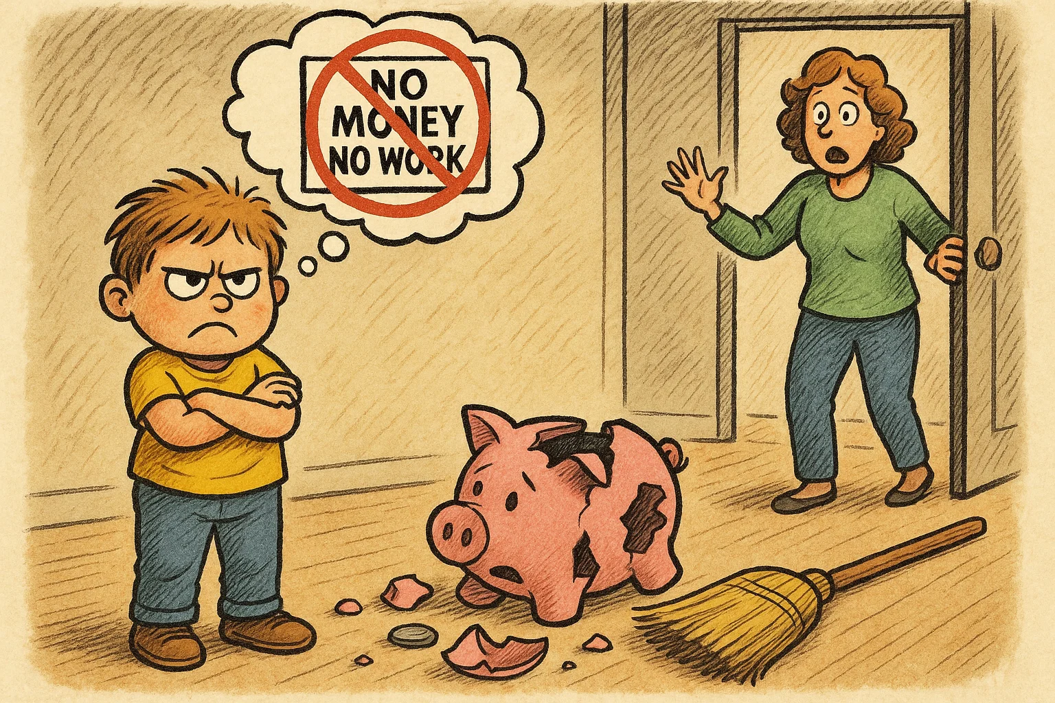 A funny cartoon of a child refusing to do a chore because of a broken piggy bank and angry expression.