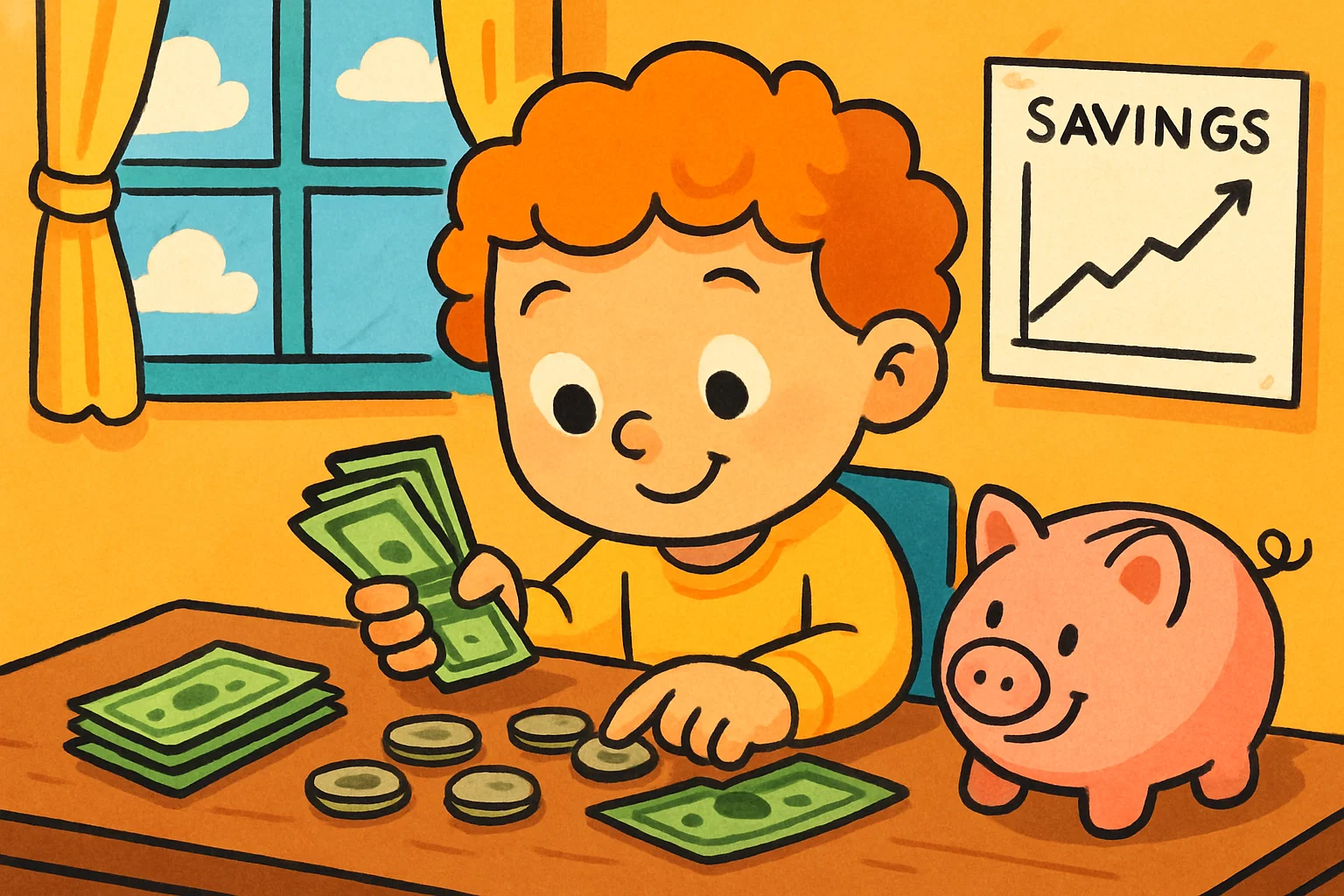 A playful cartoon of a child happily counting allowance money, with a piggy bank and simple chart nearby.