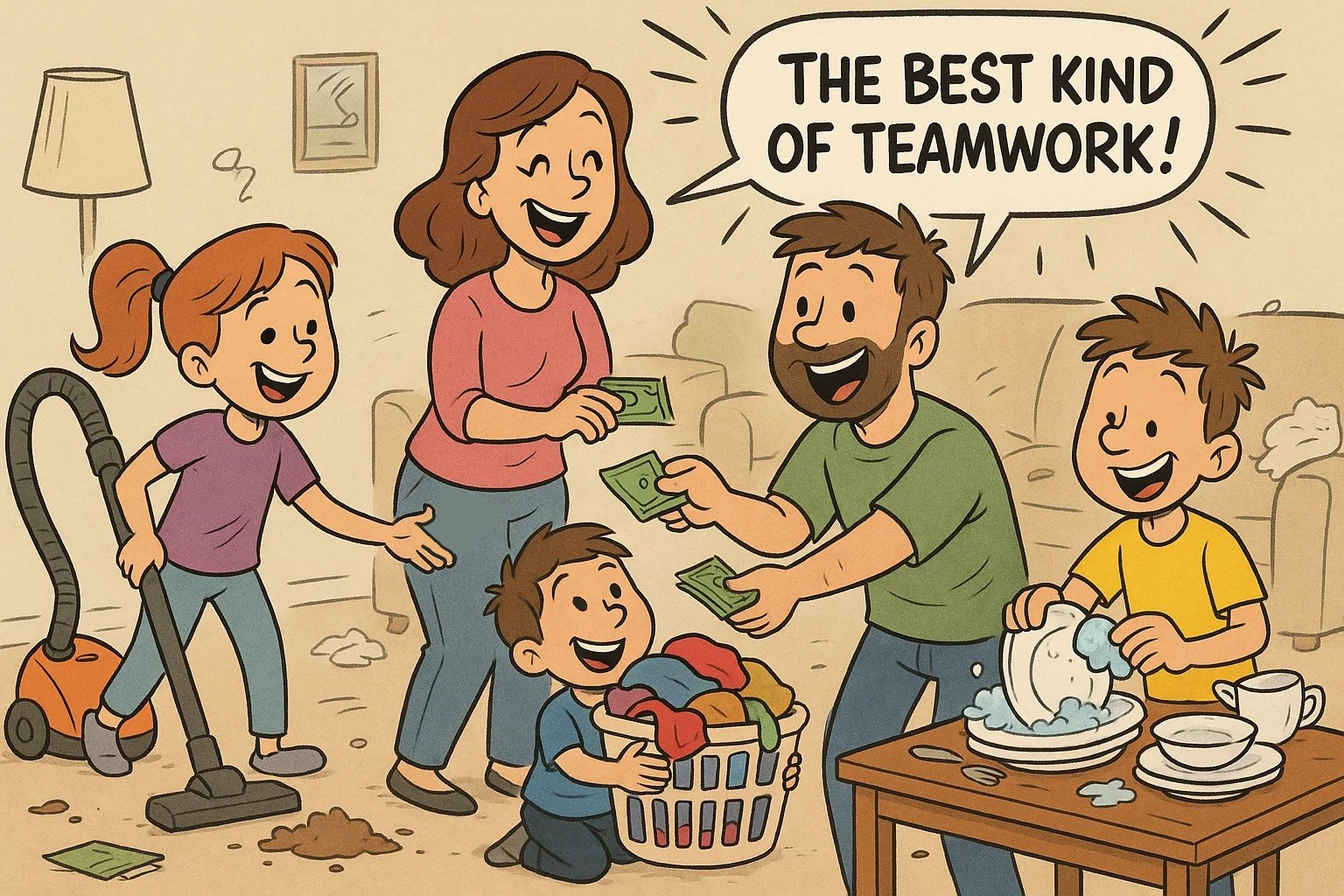 A playful cartoon of a family happily doing chores for cash in a messy living room, with a 