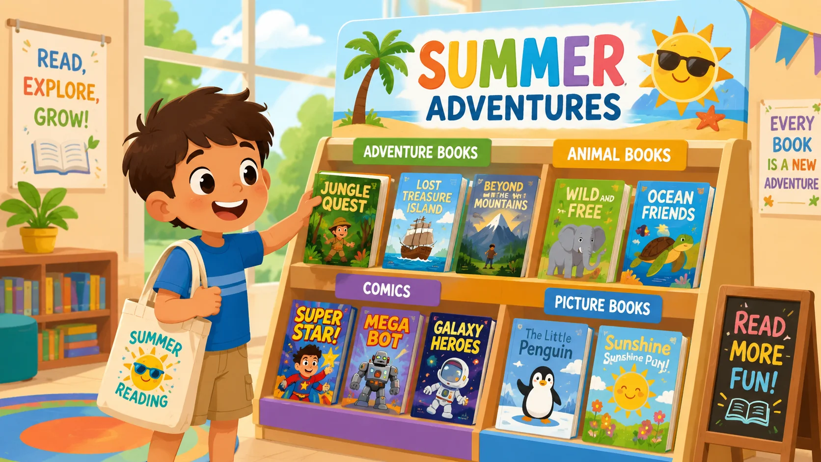 Child chooses best books from summer reading program display. 
