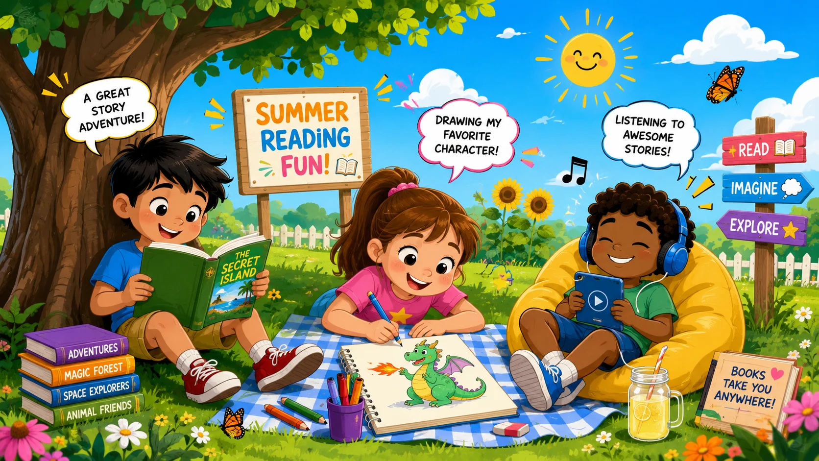 Kids enjoy summer reading activities outdoors. 
