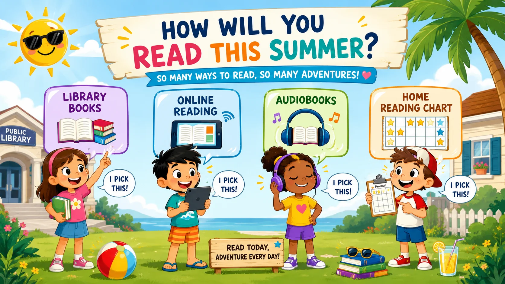 Children explore summer reading challenge options outdoors. 

