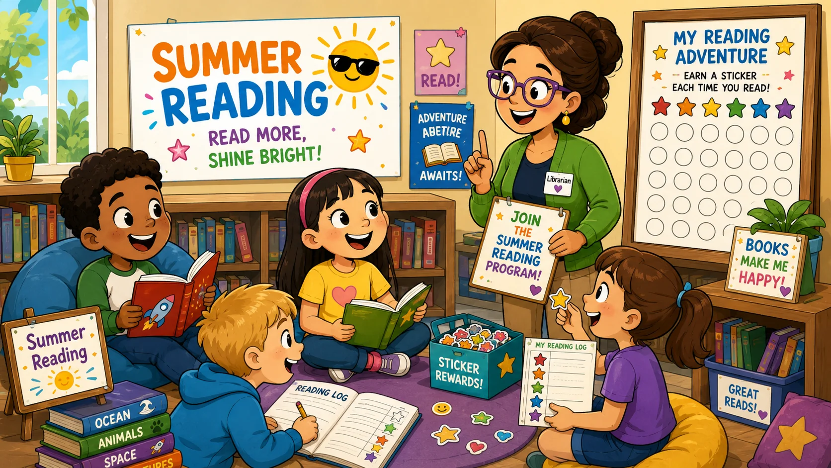 Children learn summer reading program basics in library corner. 
