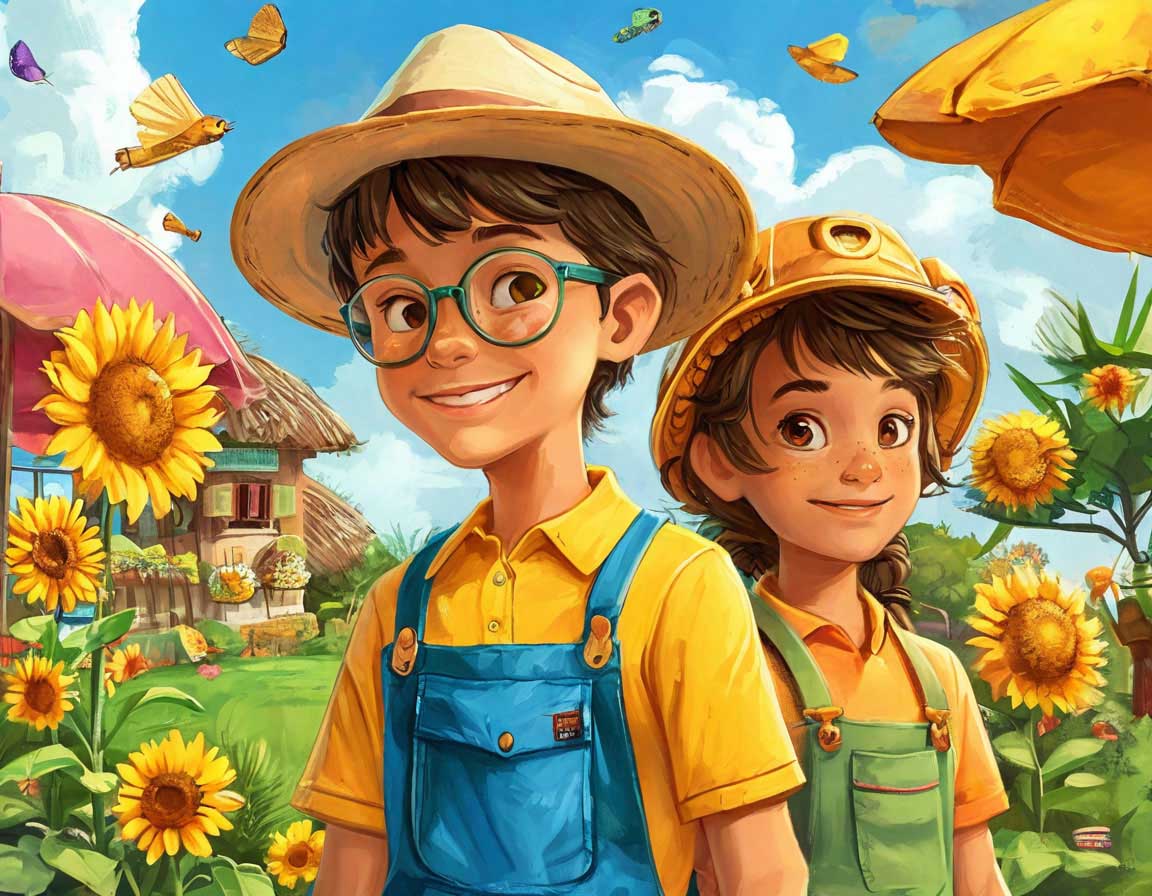 Two kids in overalls and hats smiling in a sunflower field, representing farming as a summer job.