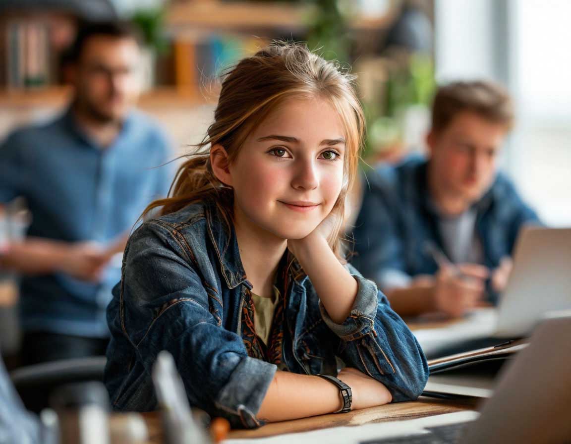 A girl in a denim jacket sitting at a desk with a laptop, symbolizing benefits of work for kids.