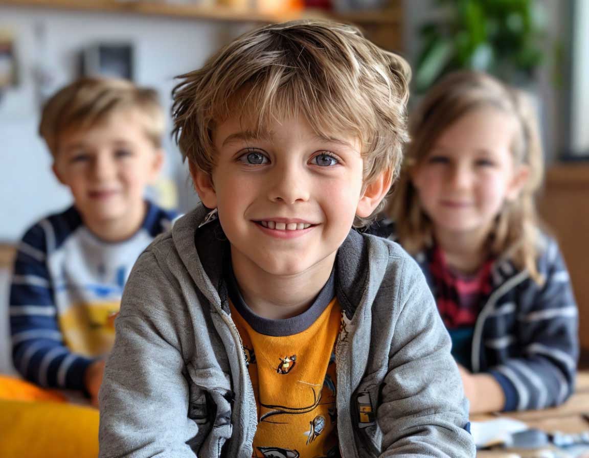 A smiling young boy in a classroom with friends, representing teamwork and learning for future jobs.