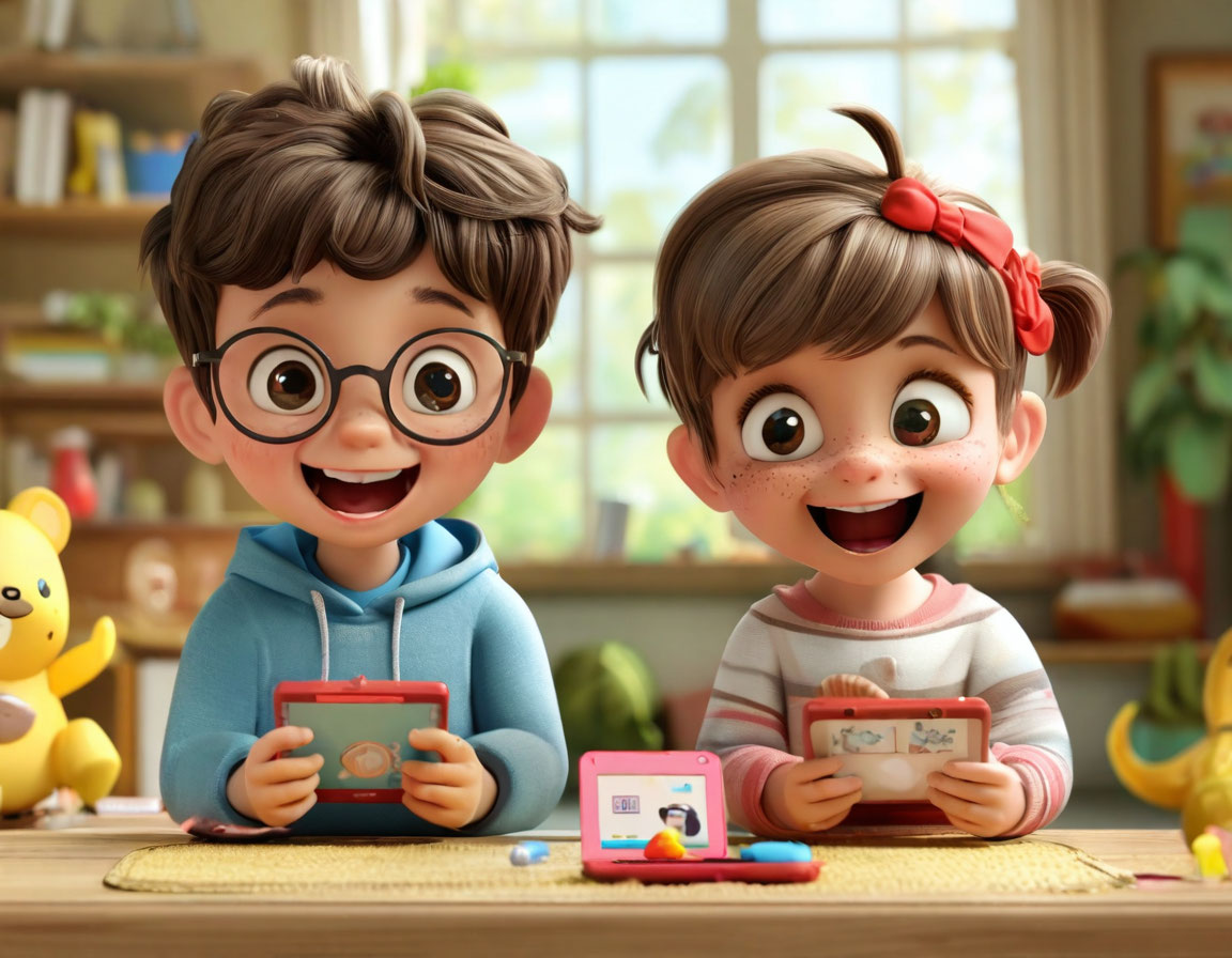 Two children smiling and holding their smartphones.