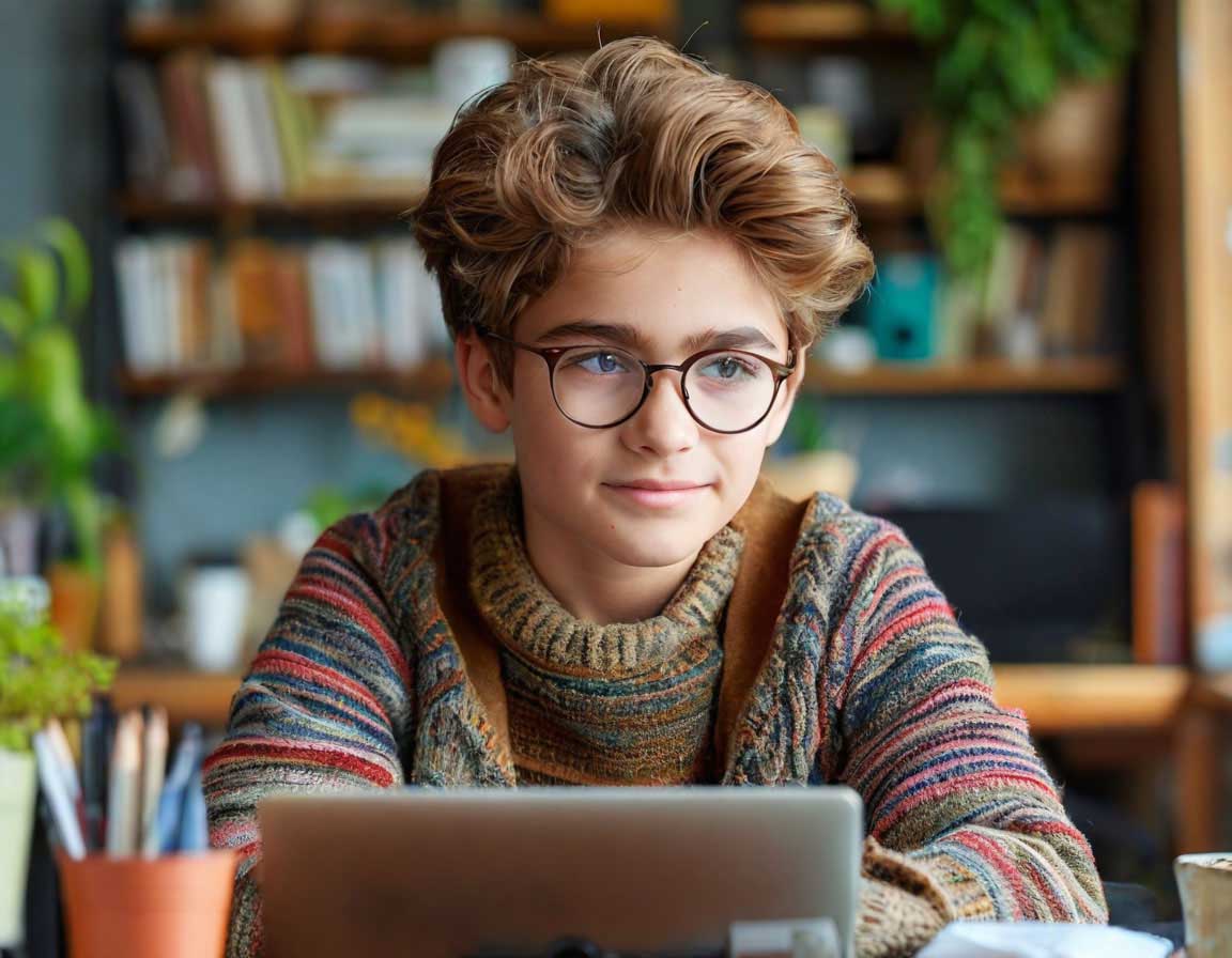 A teenage boy in glasses and a sweater using a laptop in a cozy library setting, illustrating common remote work for kids.