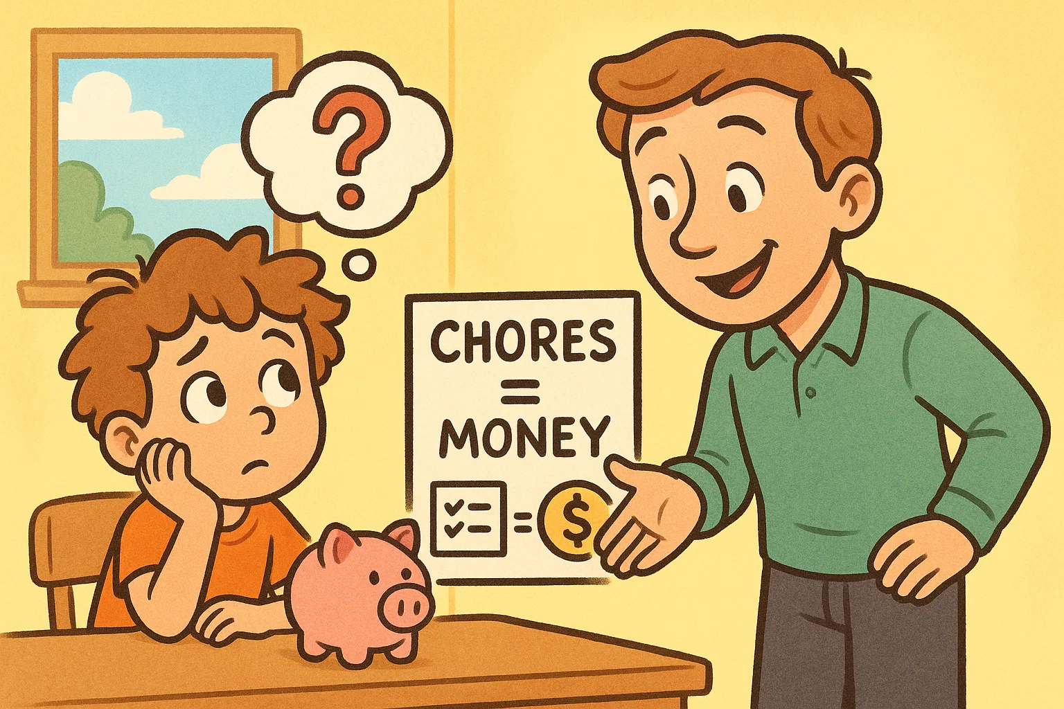 Cartoon 10-year-old looking at a piggy bank, with an adult pointing to a chart about earning money.