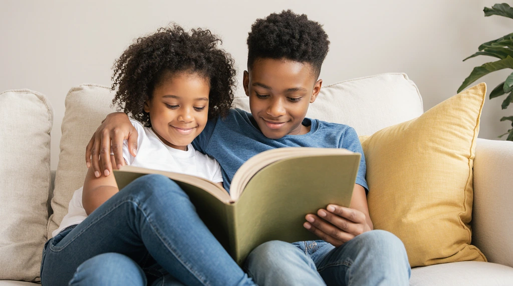 A caring 10-year-old reading a story to a younger sibling. 
