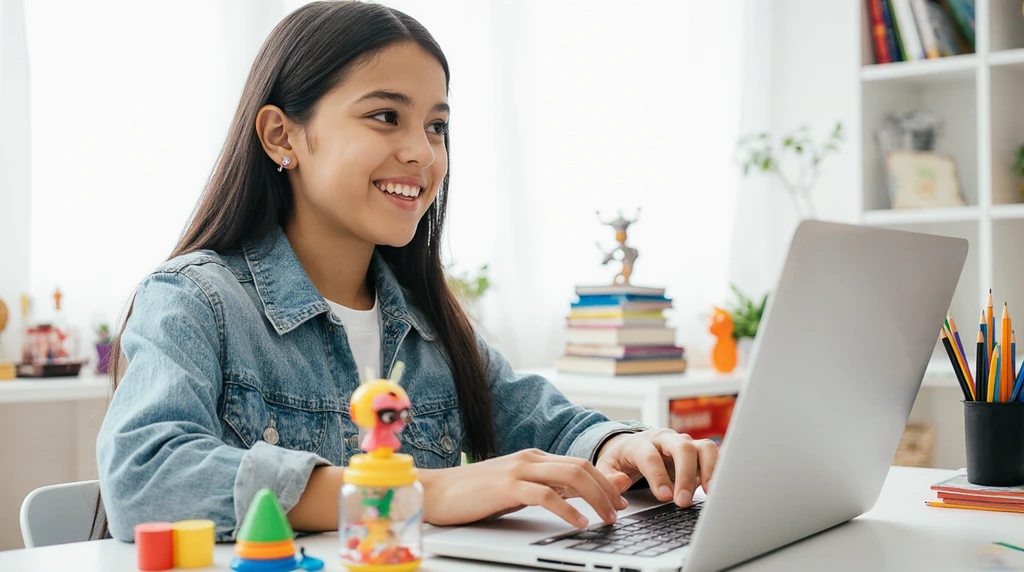 A confident 10-year-old in front of a laptop. 
