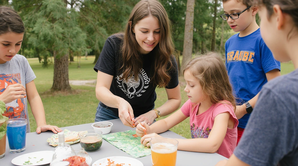 A supportive 10-year-old assisting younger campers. 