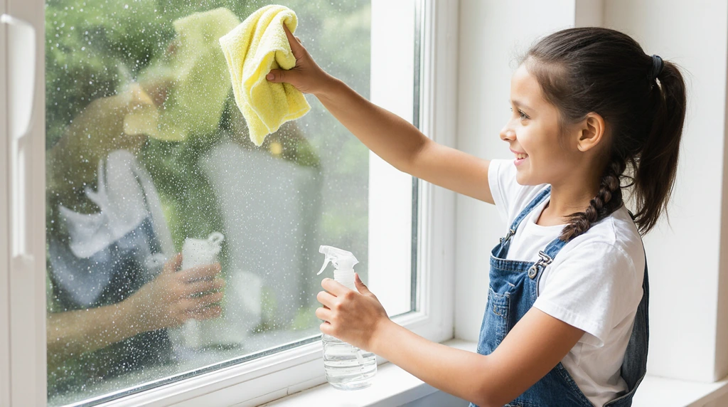 A smiling 10-year-old using a spray bottle and cloth to clean a sparkling window.