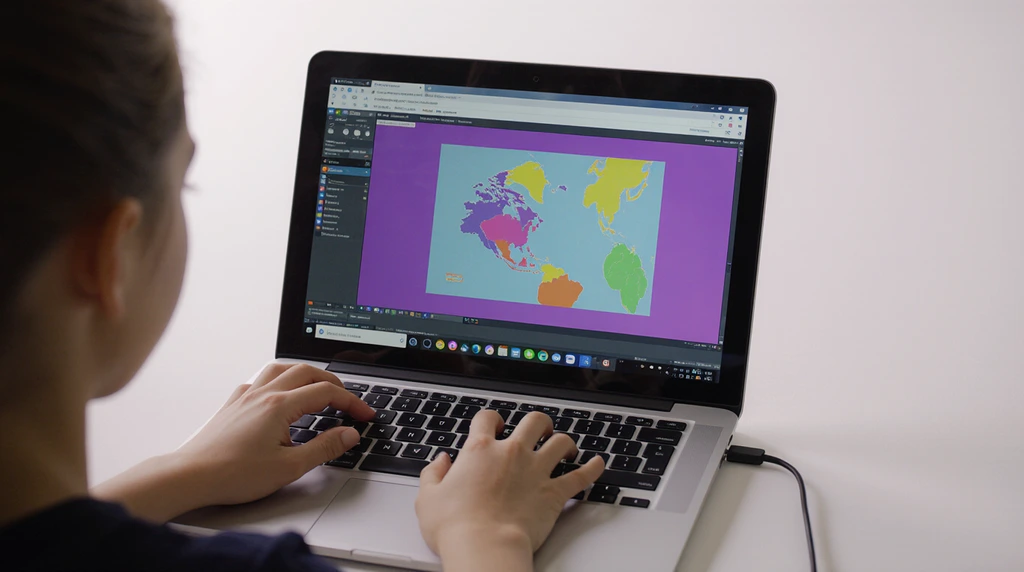 A focused 10-year-old creating a presentation on a laptop. 