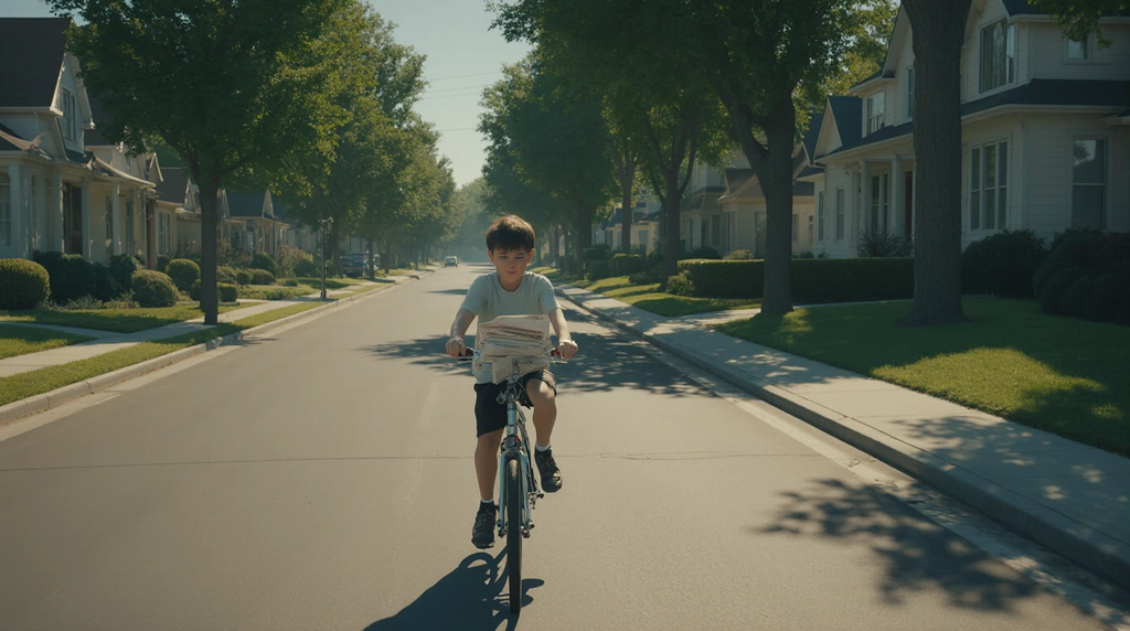 A focused 10-year-old on a bicycle, delivering newspapers. 