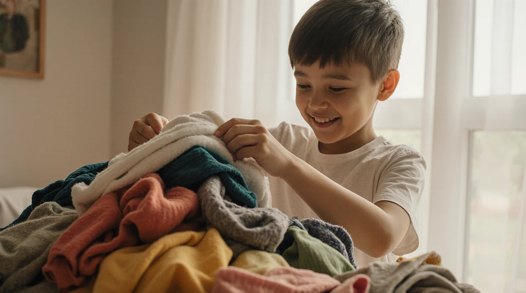 A happy 10-year-old child meticulously folding a pile of colorful laundry. 