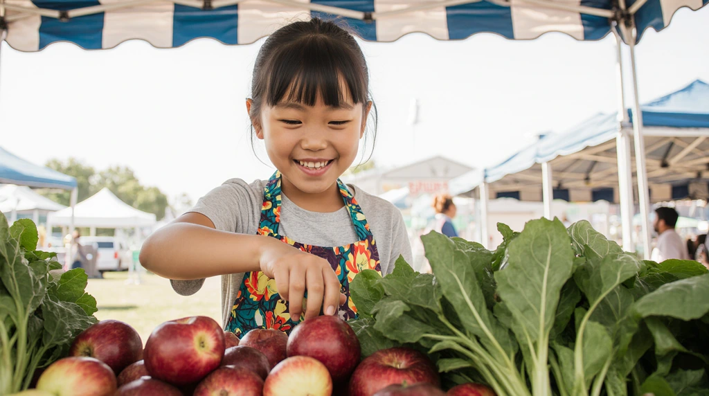 A friendly 10-year-old helping to arrange fresh produce at a farmers market.