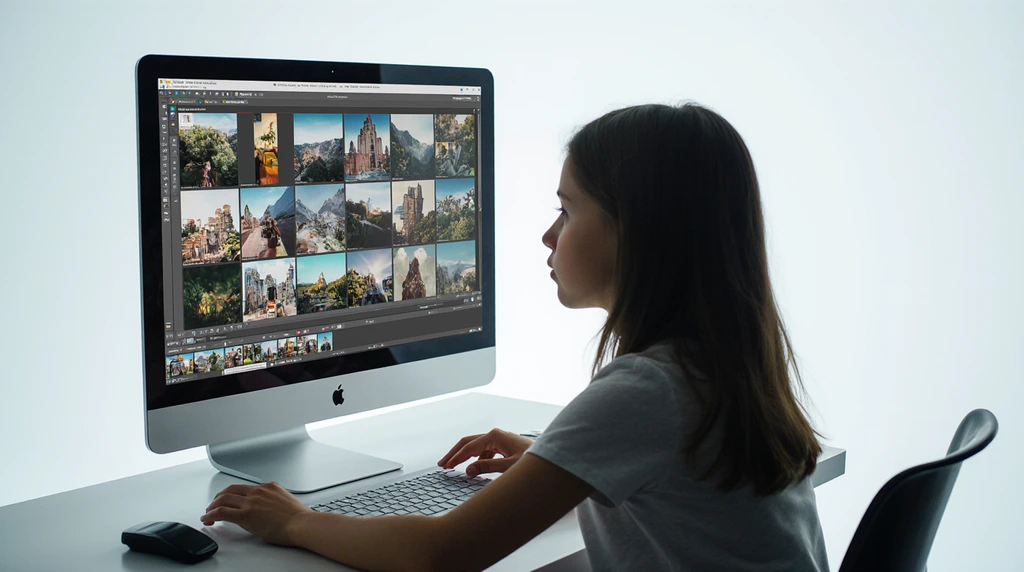 A meticulous 10-year-old organizing digital photos on a computer, with an image editing interface visible.